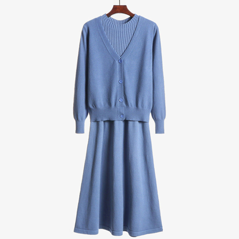 Damen Elegantes Strickkleid- und Cardigan-Set mit V-Ausschnitt und Rippstruktur R&B