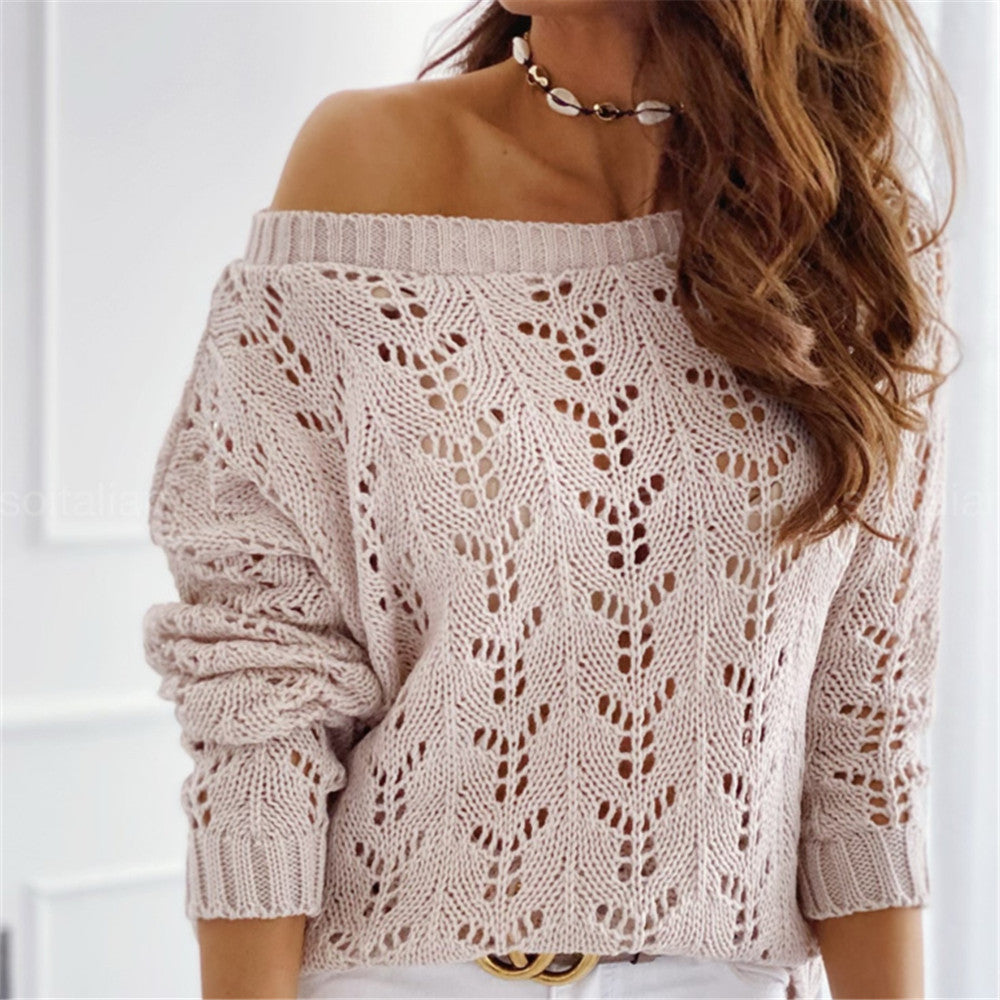 Damen Off-Shoulder Strickpullover mit floralem Lochmuster R&B