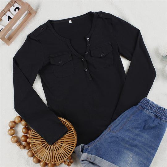 Damen Langarmshirt mit Knopfleiste und aufgesetzten Taschen R&B