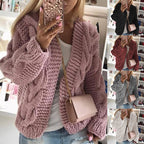 Damen gestrickte Oversized-Jacke mit Zopf-Muster und lässiger Passform R&B