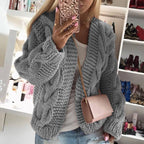 Damen gestrickte Oversized-Jacke mit Zopf-Muster und lässiger Passform R&B