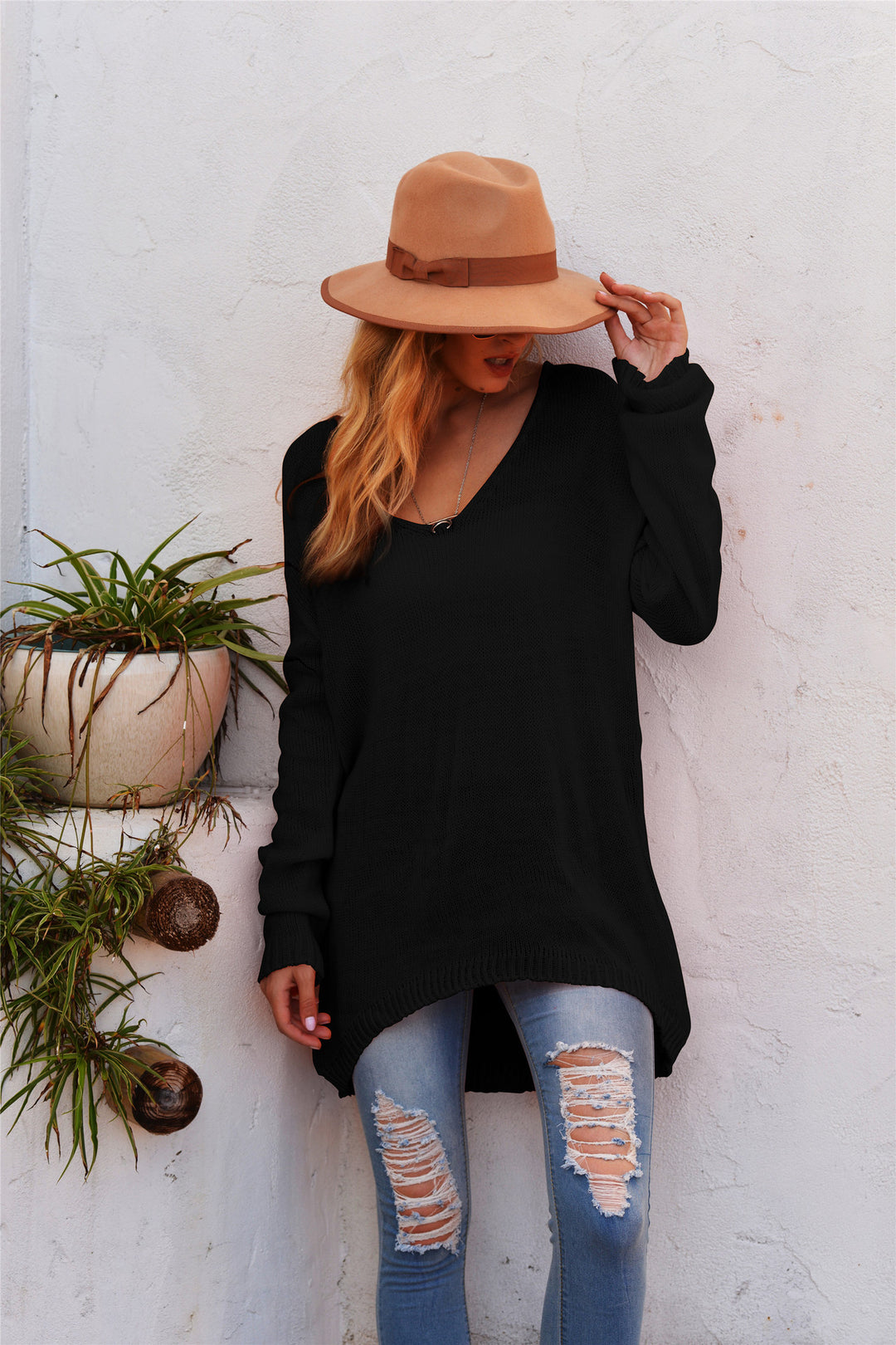 Damen lässiger V-Pullover aus luftiger Strickstruktur R&B