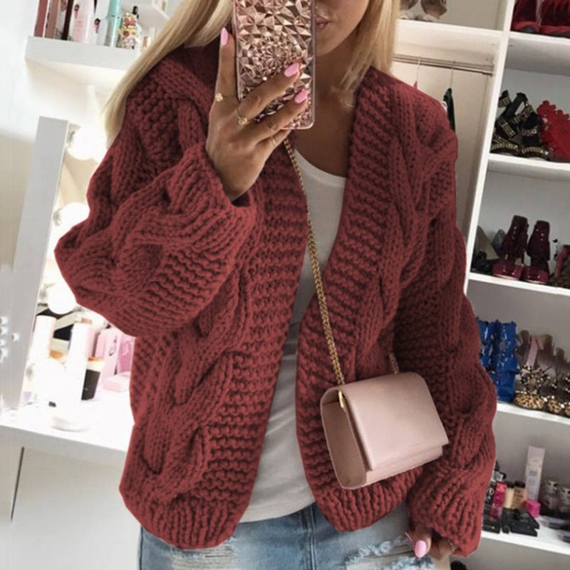 Damen gestrickte Oversized-Jacke mit Zopf-Muster und lässiger Passform R&B