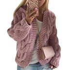 Damen gestrickte Oversized-Jacke mit Zopf-Muster und lässiger Passform R&B