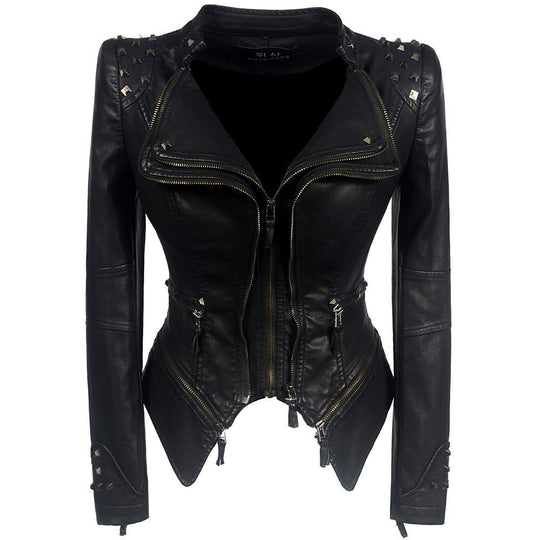 Heidi-Mode | Bikerjacke Slim Fit Lederlook Asymmetrischer Reißverschluss Nieten Details