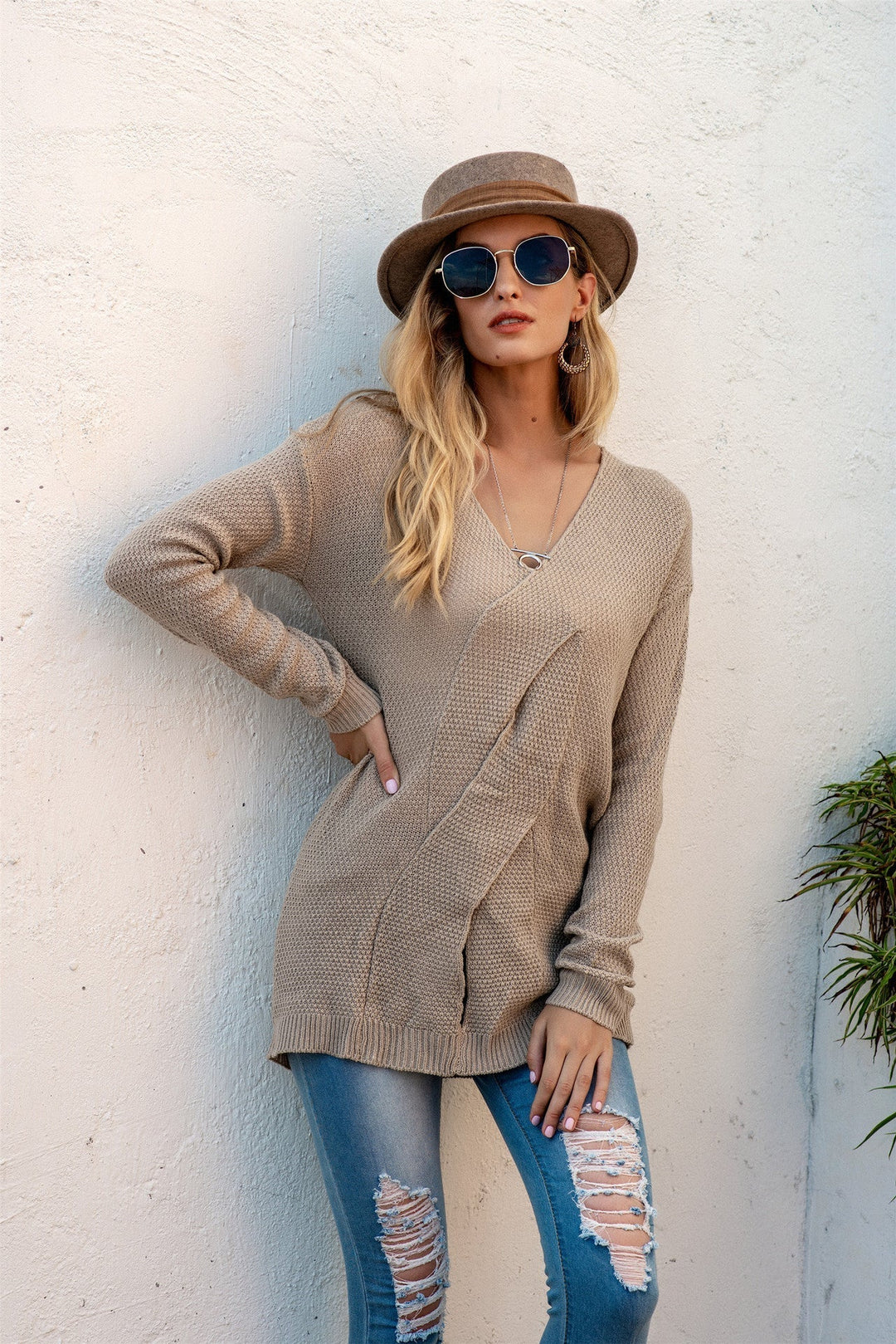 R&B | Übergröße Passform Gestrickte Textur Off Shoulder Drapierter Vordergrund