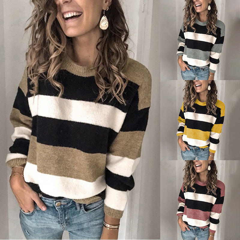 Damen Modischer Strickpullover mit blockartigem Streifenmuster und lässigem Schnitt R&B