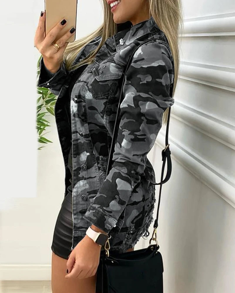 R&B | Tarnfarbener Mantel Mit Knopfleiste