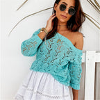 Damen Off-Shoulder Strickpullover mit floralem Lochmuster R&B