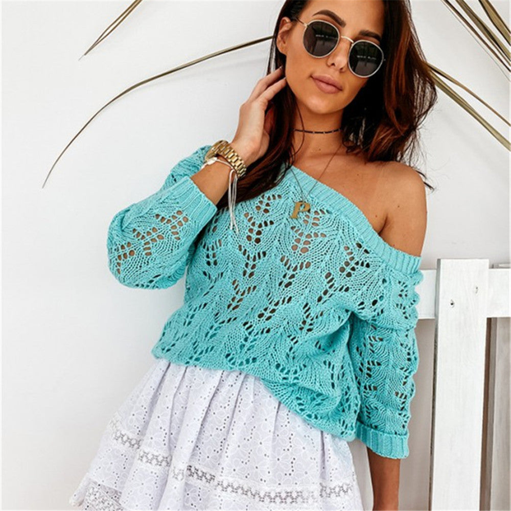 Damen Off-Shoulder Strickpullover mit floralem Lochmuster R&B
