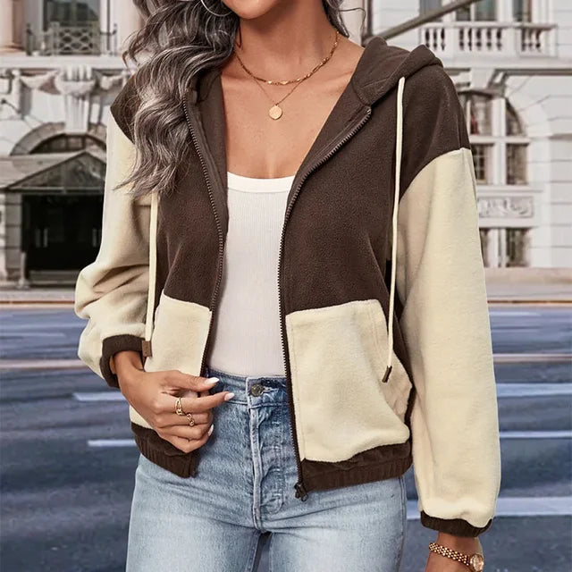 R&B | Fleecejacke mit Kapuze und Patchworkmuster