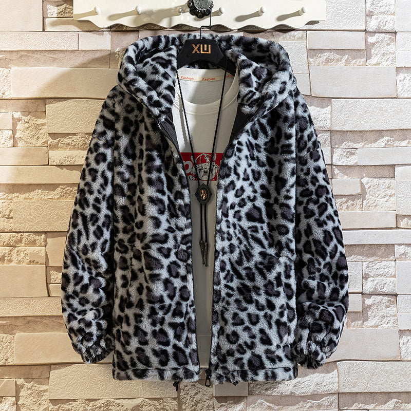 R&B Herren-Fleecejacke mit Kapuze und Leopardenmuster