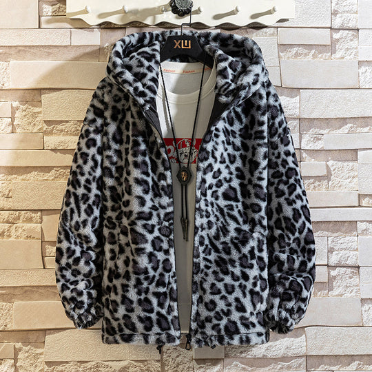 R&B Herren-Fleecejacke mit Kapuze und Leopardenmuster