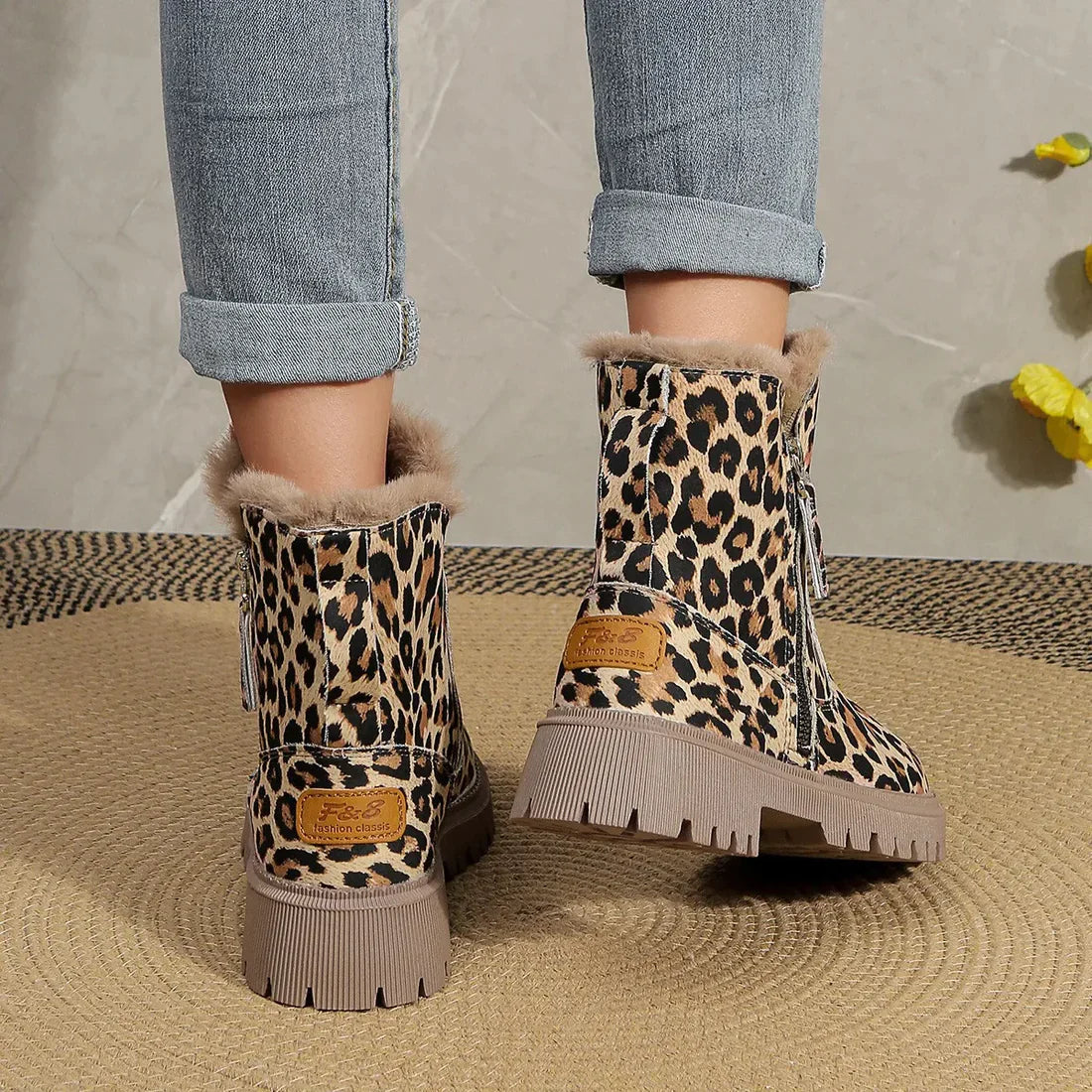 R&B | Winter Leopardenmuster Verstärkte Samtschnee Stiefel