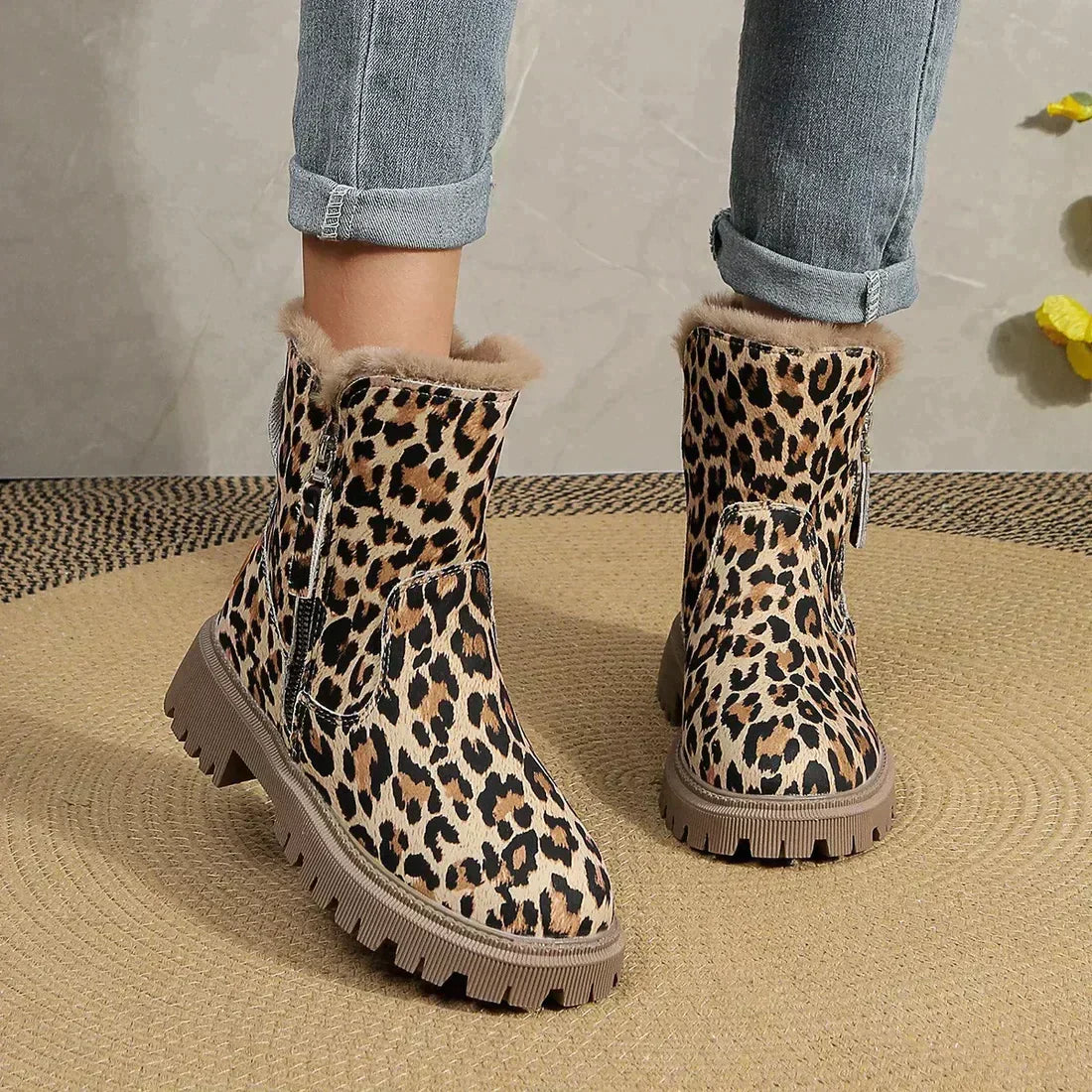 R&B | Leopardenmotiv Winter Seitenreißverschluss Stiefel