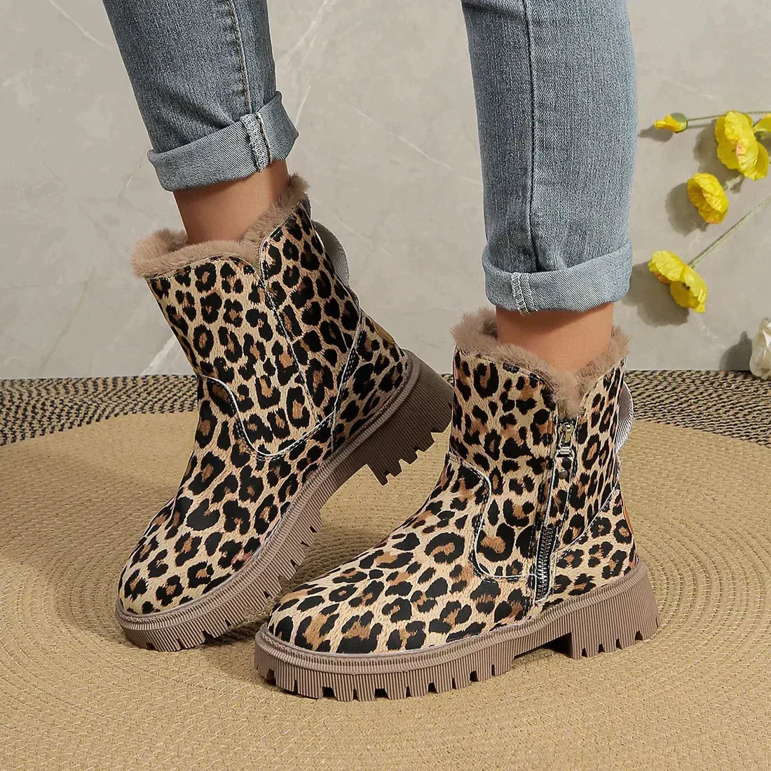 R&B | Leopardenmotiv Winter Seitenreißverschluss Stiefel