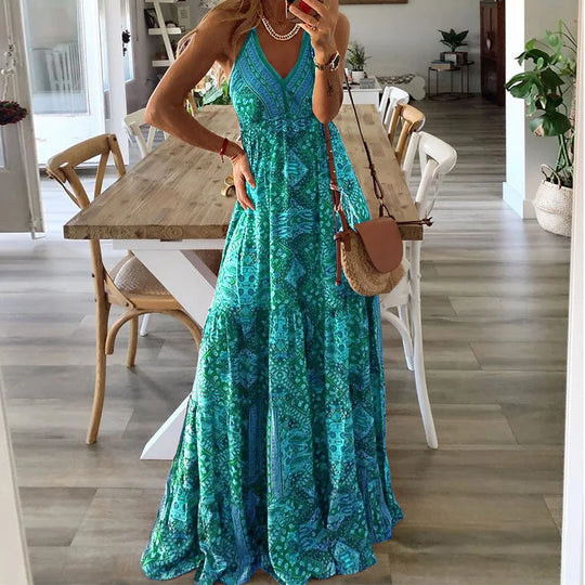 Bedrucktes Blumenkleid im Bohemian-Stil mit hoher Taille für Damen