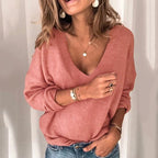 Damen lockerer Strickpullover mit V-Ausschnitt und überschnittenen Schultern R&B