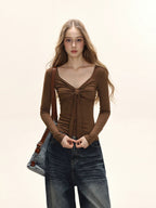 Damen Langarm T-Shirt mit Raffungen und Schleife Slim Fit