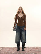 Damen Langarm T-Shirt mit Raffungen und Schleife Slim Fit