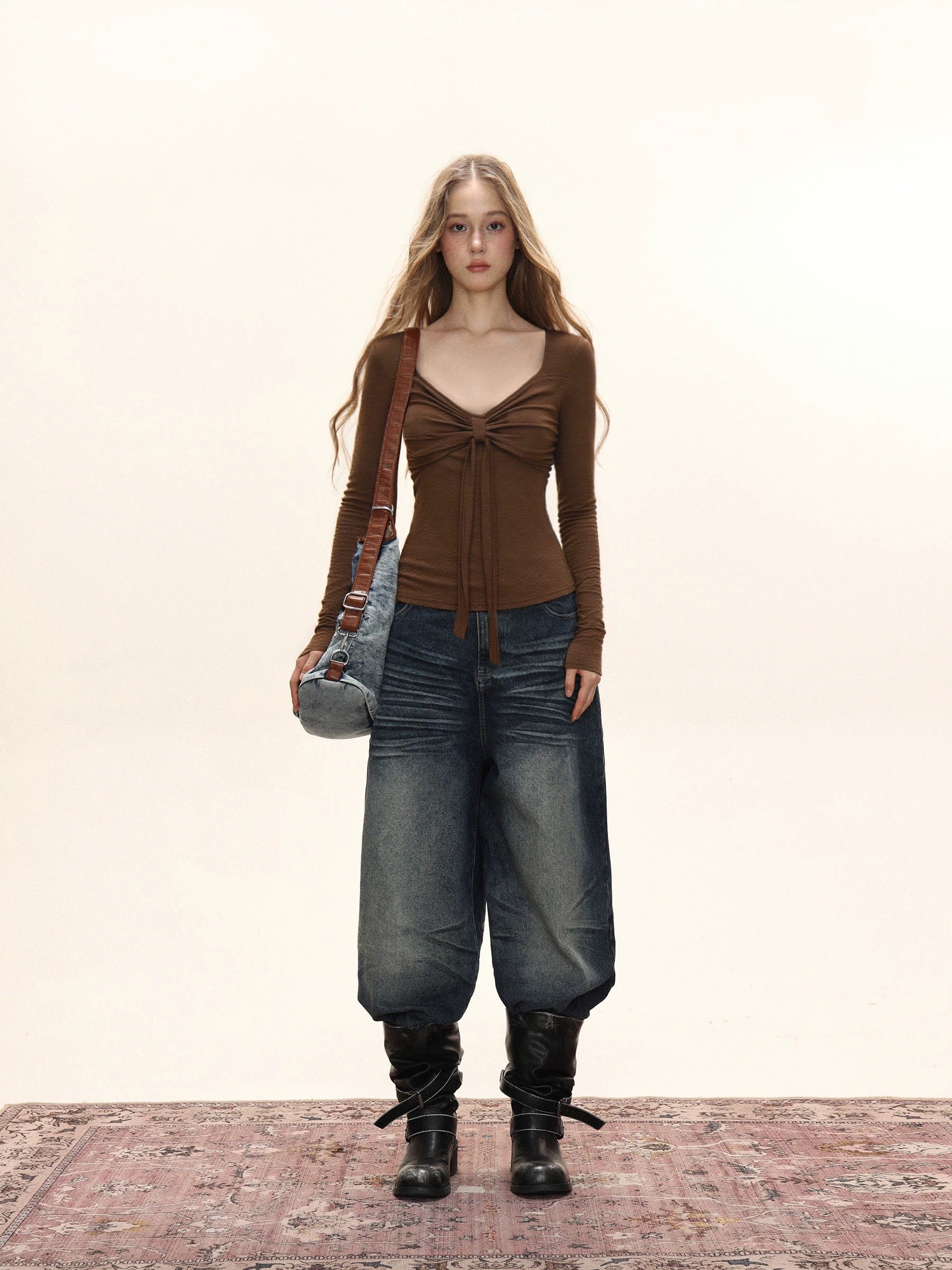 Damen Langarm T-Shirt mit Raffungen und Schleife Slim Fit