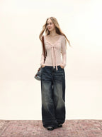 Damen Langarm T-Shirt mit Raffungen und Schleife Slim Fit