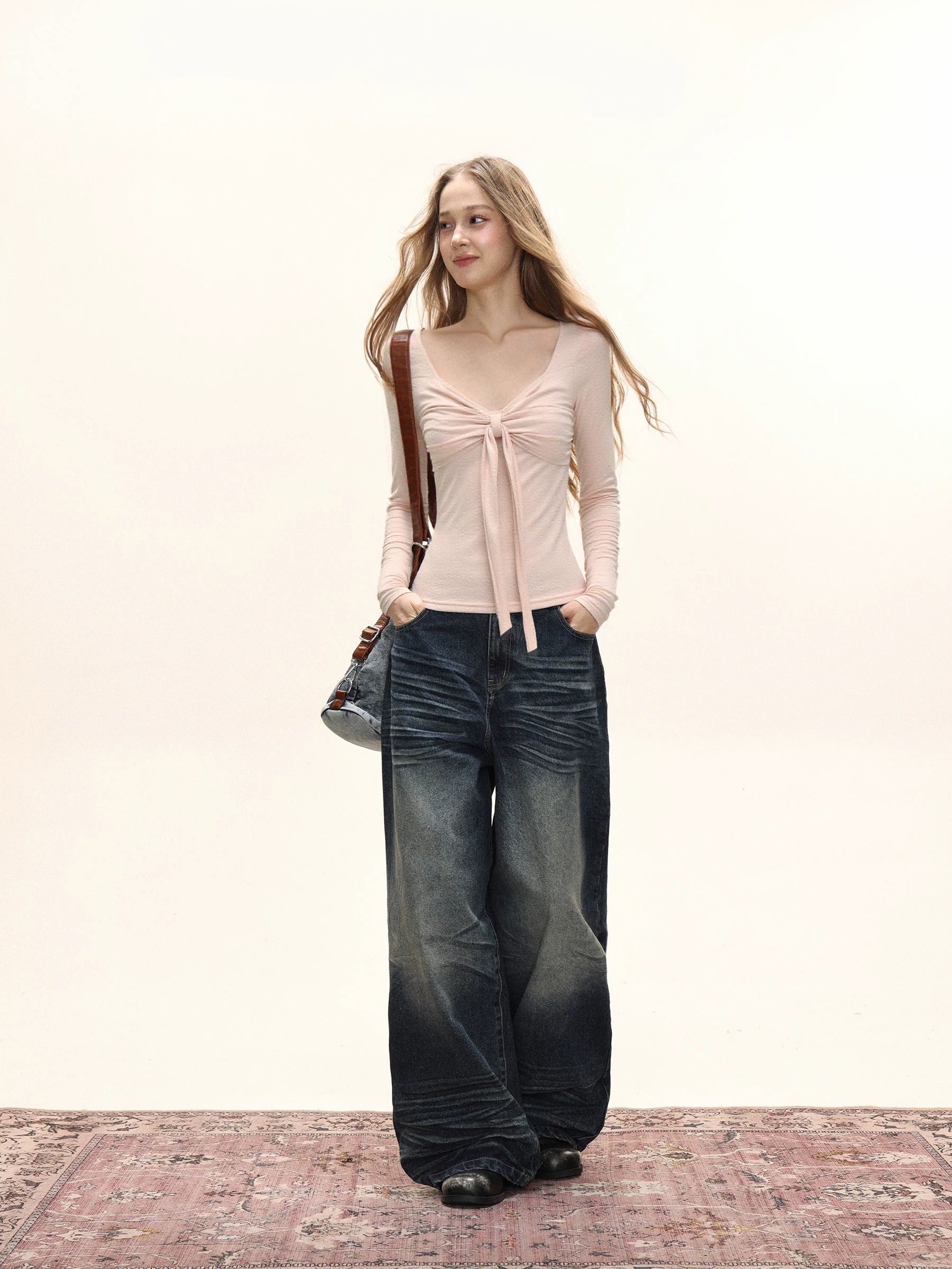 Damen Langarm T-Shirt mit Raffungen und Schleife Slim Fit