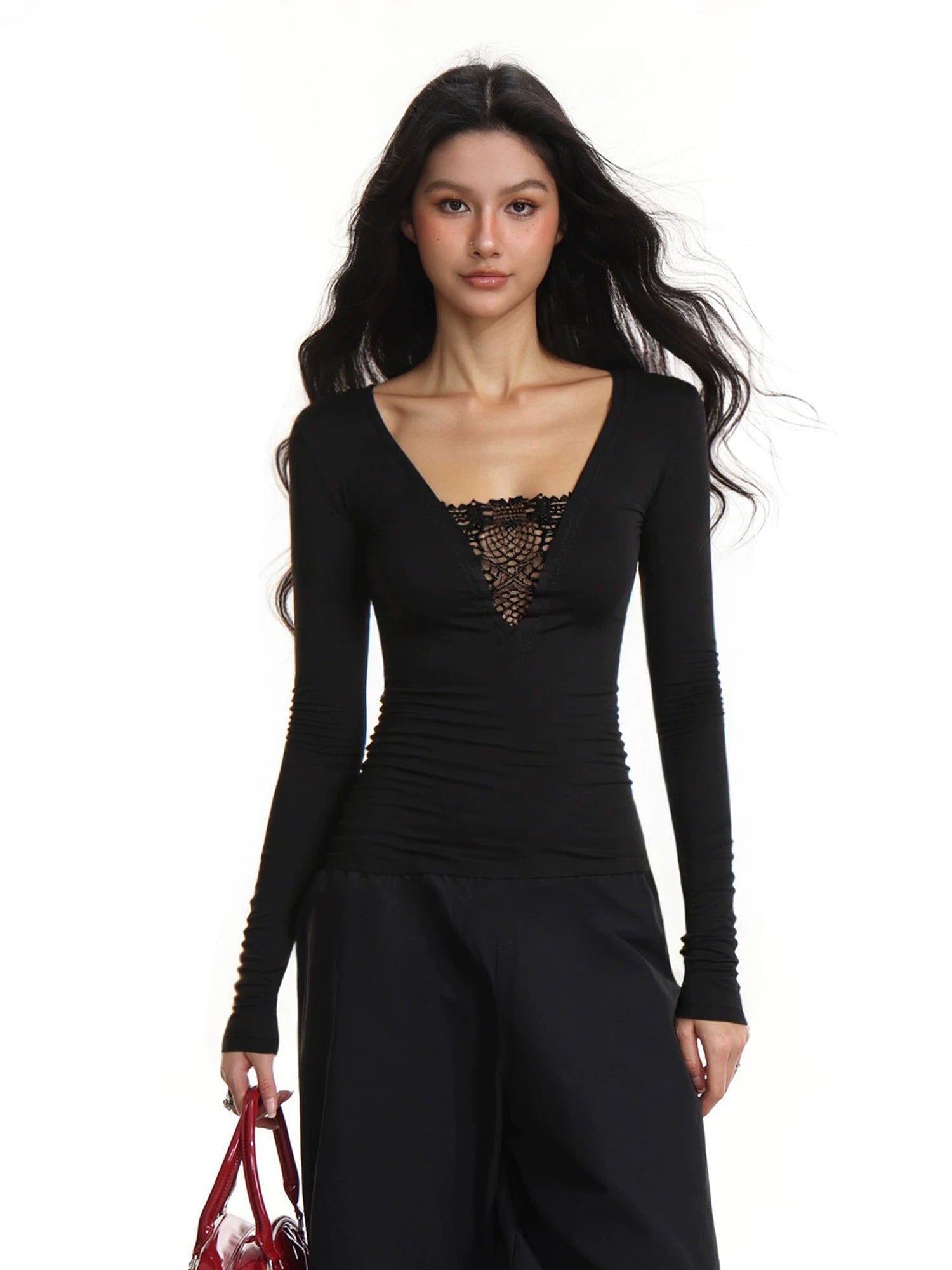 Damen Spitzen Langarm Unterhemd Slim Fit Schwarz