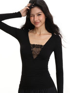 Damen Spitzen Langarm Unterhemd Slim Fit Schwarz