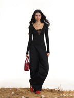 Damen Spitzen Langarm Unterhemd Slim Fit Schwarz