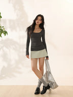Damen U-Ausschnitt Langarm T-Shirt Slim Fit Grau