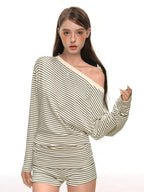 Damen Off-Shoulder Set mit Shorts und Kordelzug