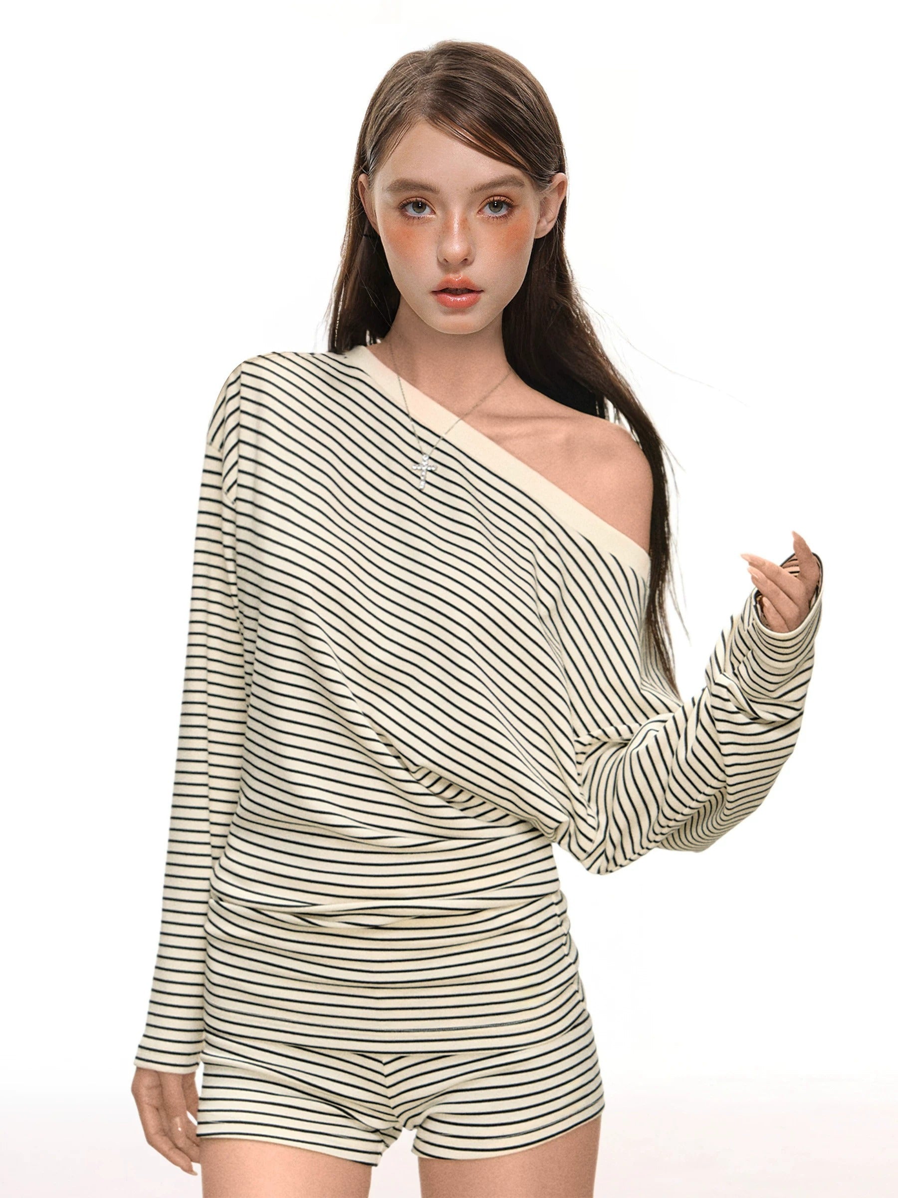 Damen Off-Shoulder Set mit Shorts und Kordelzug