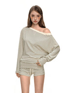 Damen Off-Shoulder Set mit Shorts und Kordelzug