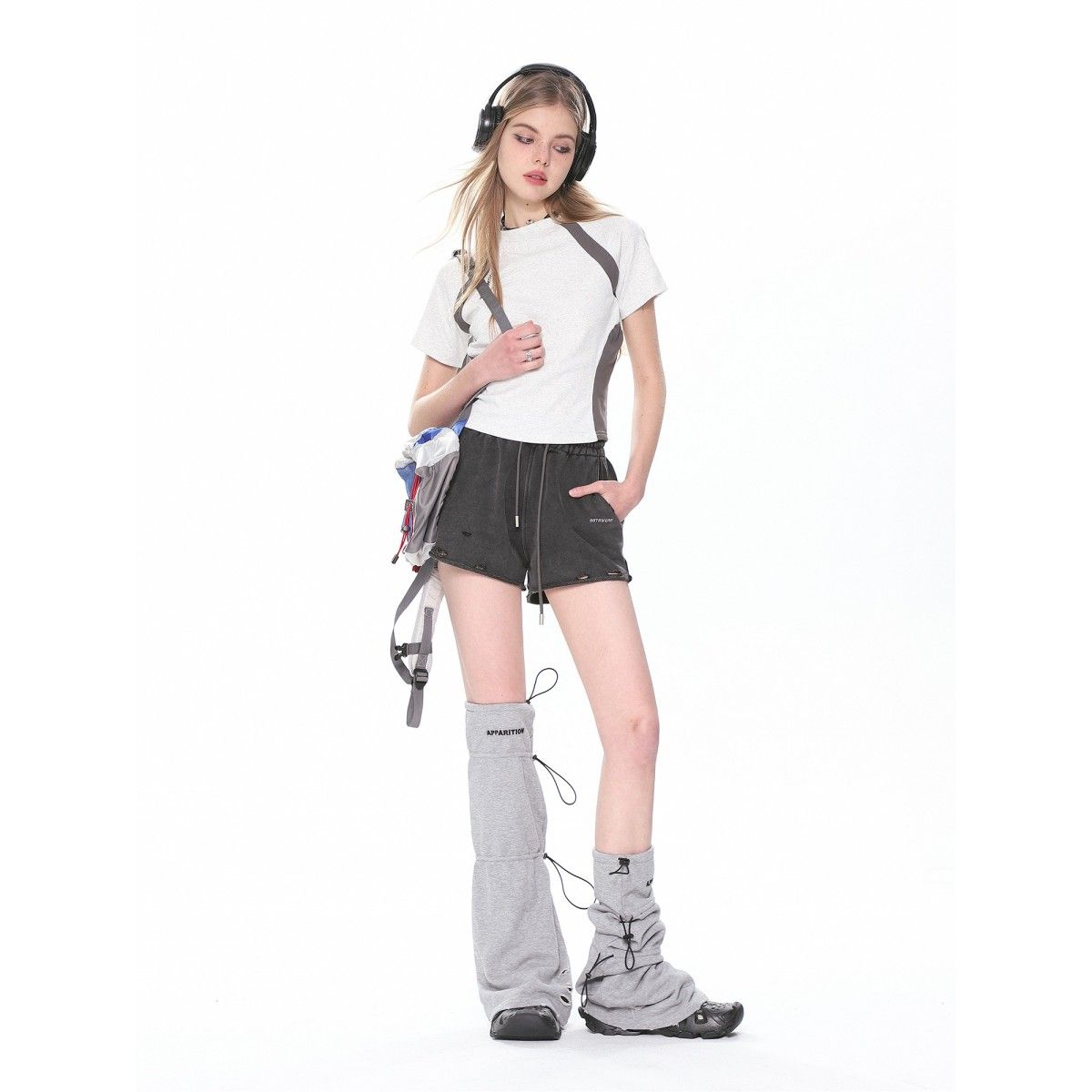 Damen Kurzarm T-Shirt Kontrast Sportlich Slim Fit Grau