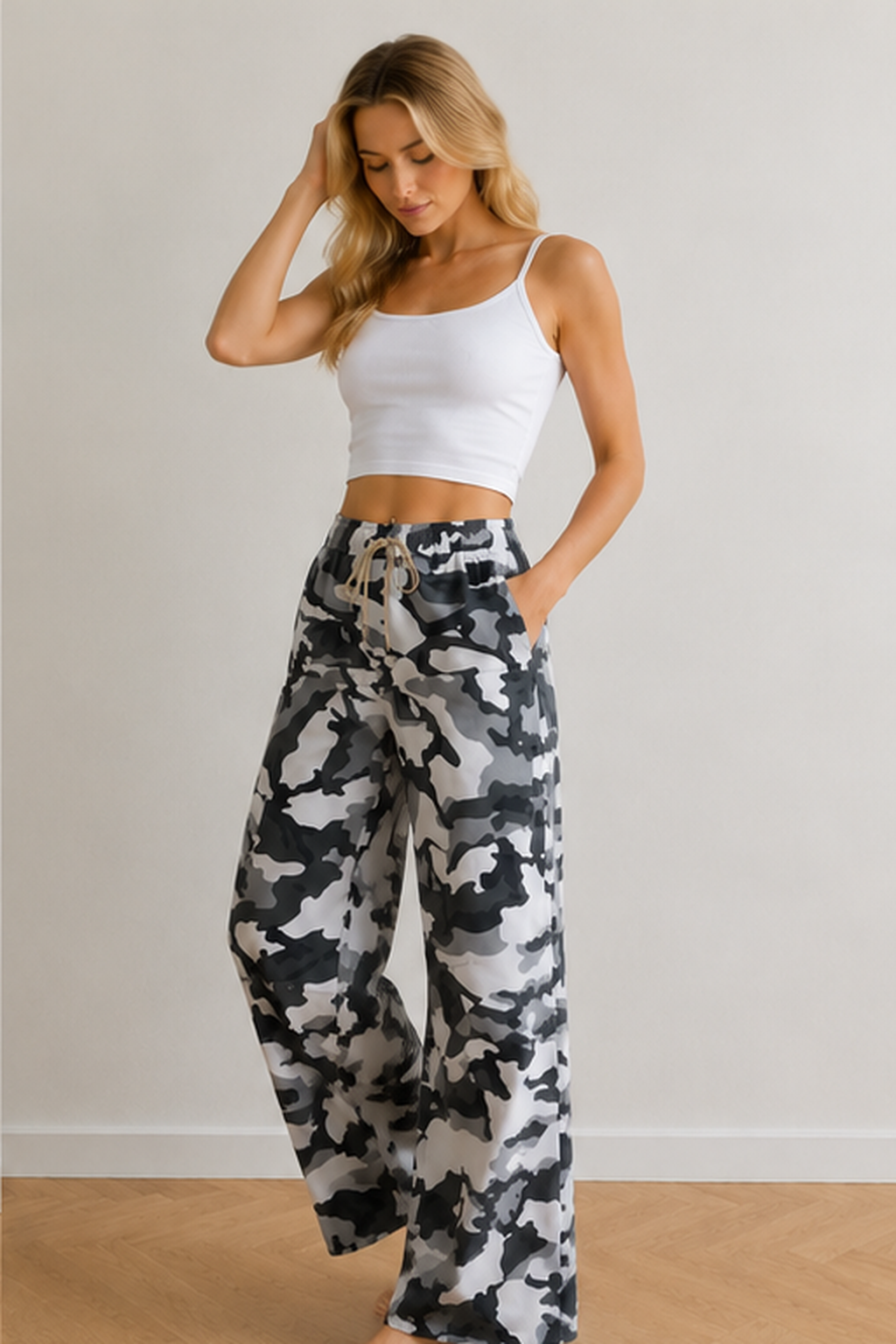 Damen Militärische Camouflage-Muster Mischgewe Cargo-Palazzo-Hose