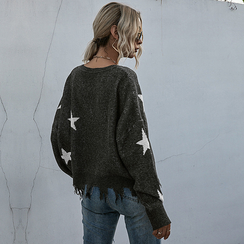 Damen lässiger Strickpullover mit asymmetrischem Schnitt und Sternenmuster R&B
