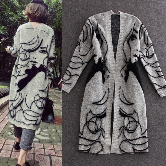Damen Lange Strickjacke mit kunstvollem Muster R&B