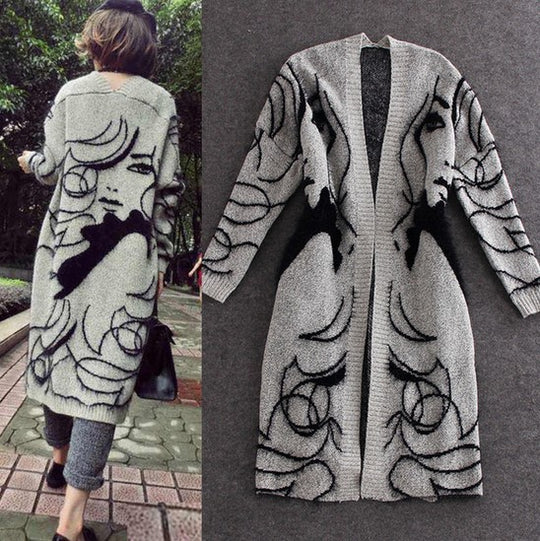 Damen Lange Strickjacke mit kunstvollem Muster R&B
