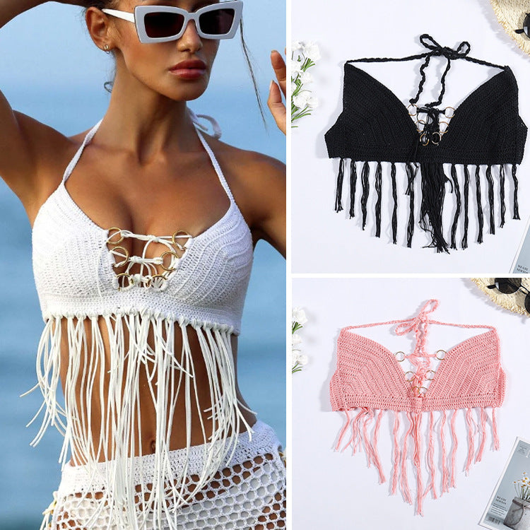 Damen Häkel-Bikini-Oberteil mit Fransen und dekorativen Ringen R&B