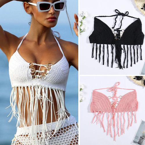 Damen Häkel-Bikini-Oberteil mit Fransen und dekorativen Ringen R&B