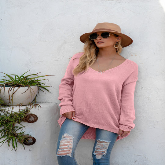 Damen lässiger Strickpullover mit tiefem V-Ausschnitt und langen Ärmeln R&B