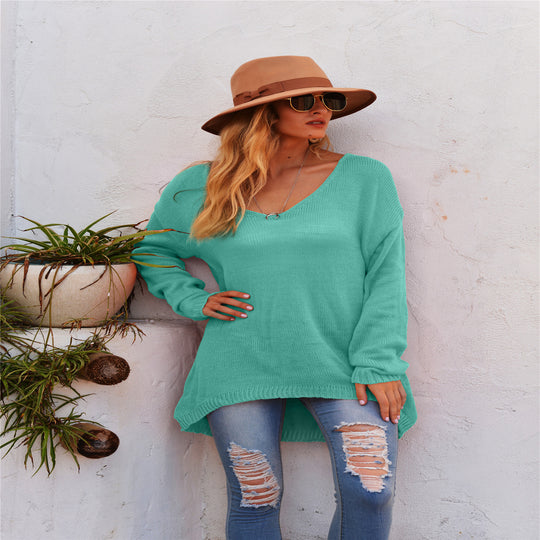 Damen lässiger Strickpullover mit tiefem V-Ausschnitt und langen Ärmeln R&B