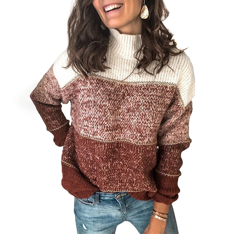 Damen Grobstrickpullover mit hohem Kragen und mehrfarbigem Muster R&B
