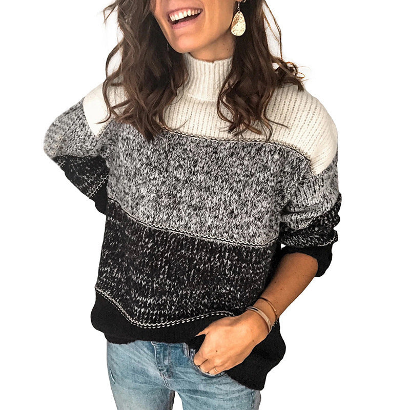 Damen Grobstrickpullover mit hohem Kragen und mehrfarbigem Muster R&B