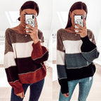 Damen Großer Strickpullover mit breitem Rundhalsausschnitt und kontrastierenden Blockstreifen R&B