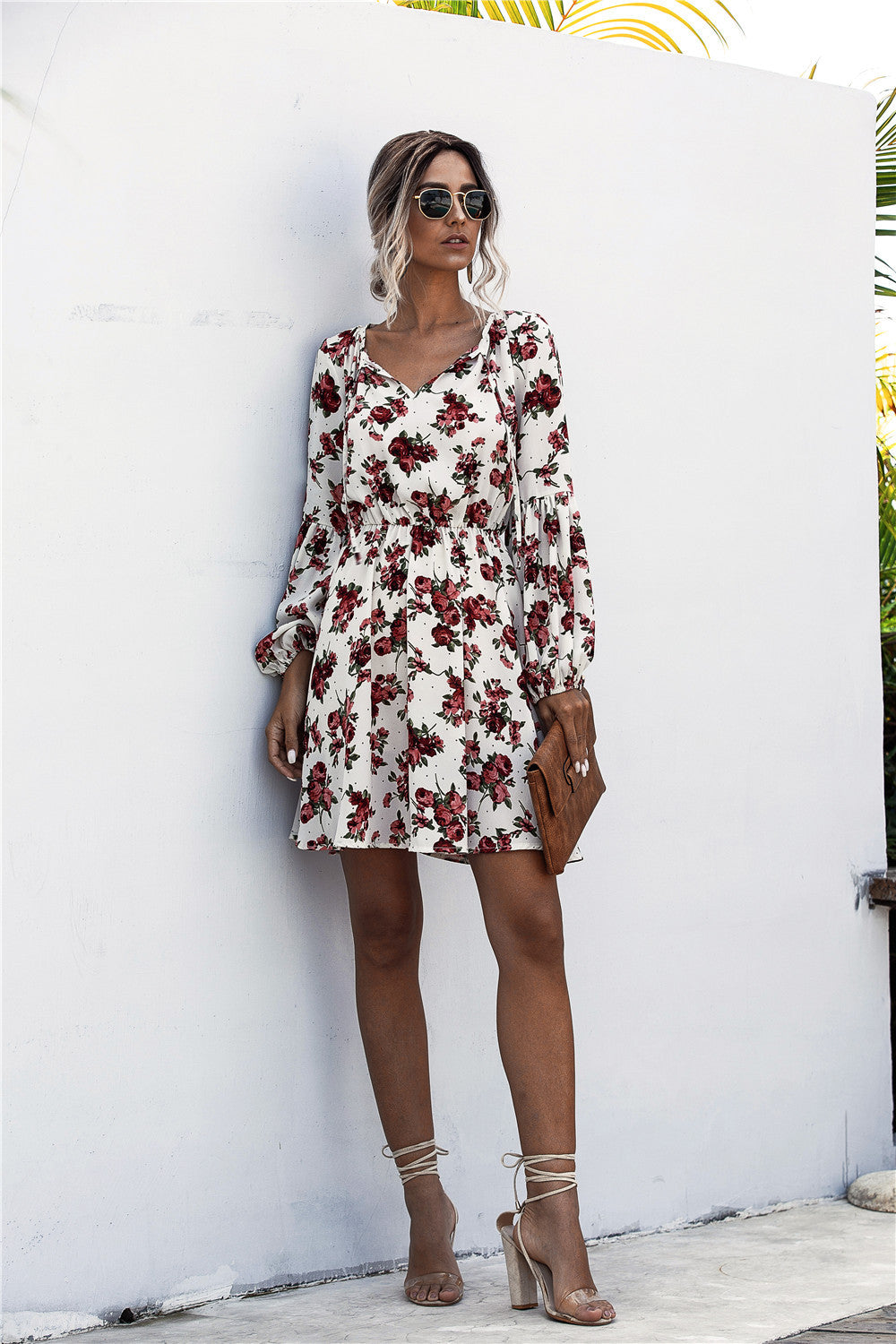 Damen Freizeitkleid mit floralem Design und elegantem V-Ausschnitt R&B