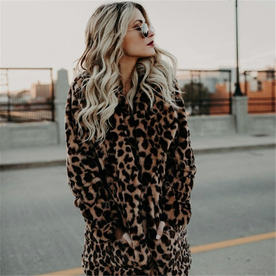 Damen Modischer Kunstfellmantel mit Leopardenmuster und elegantem Schnitt R&B