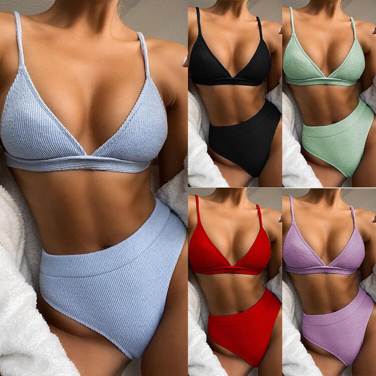 Damen Hochtailliertes Triangel-Bikini-Set mit Rippstruktur