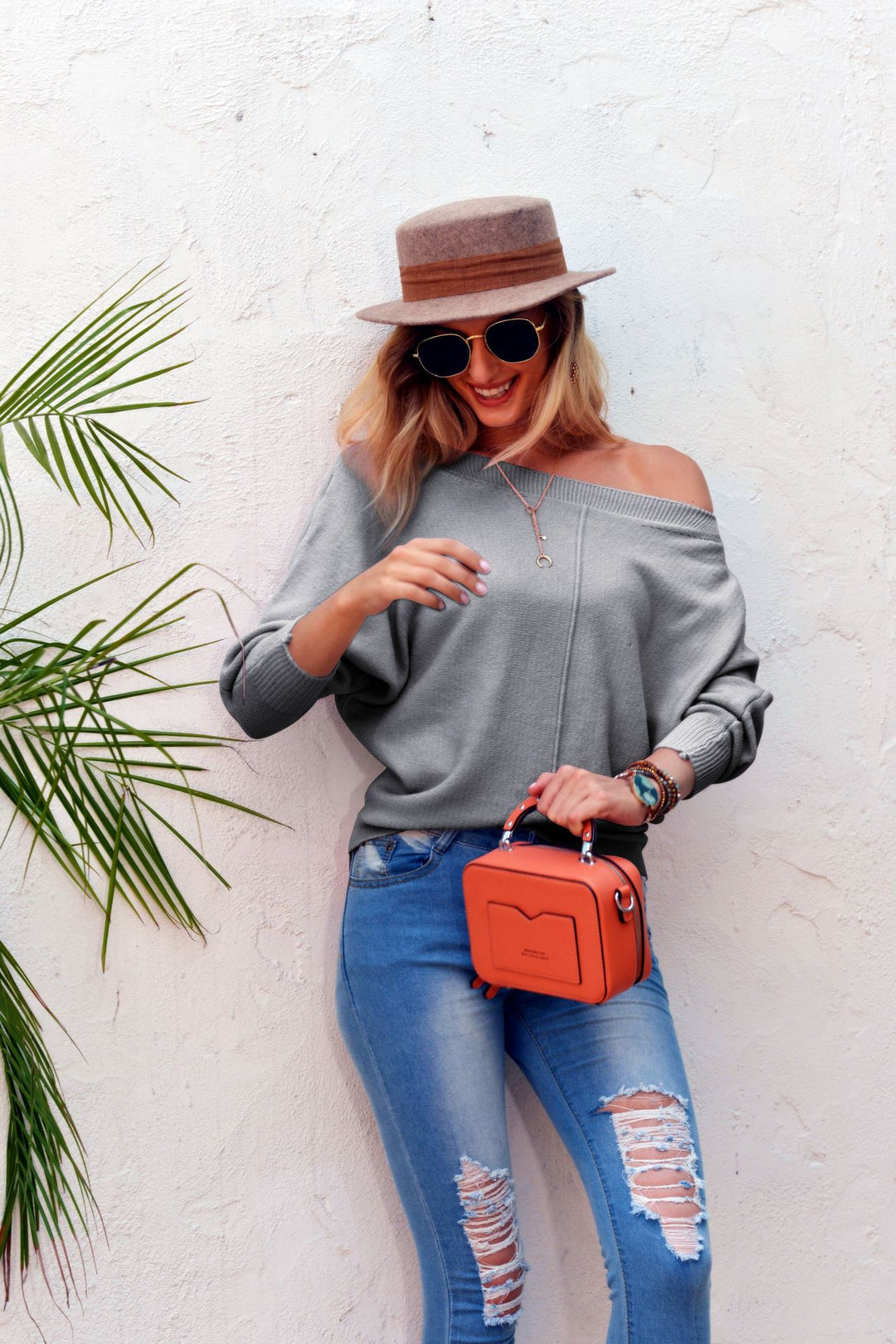 Damen lässiger Strickpullover mit weit geschnittenen Ärmeln und eleganter Maschenstruktur R&B